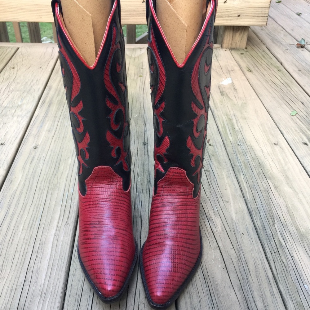 Vintage Leather Cowboy Boots Red and Black - Picture 3 of 6
